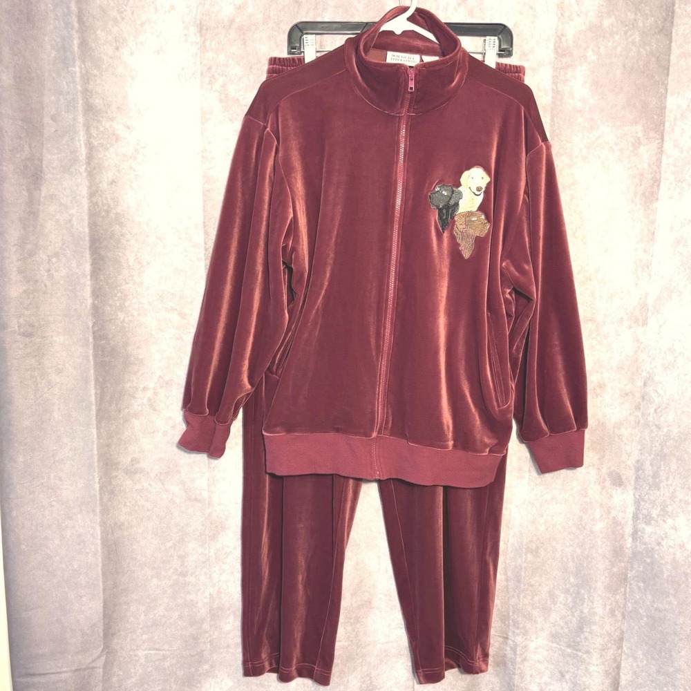 90s Y2K Wildlife Federation Velour Tracksuit Large Burnt Orange Dog Embroidery